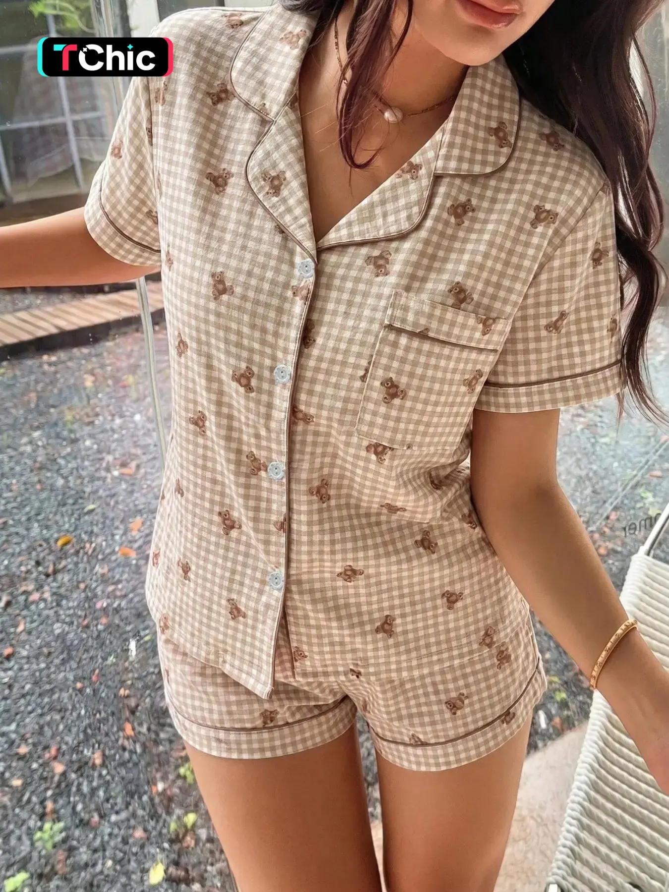 Women's Pajama Set, Short-Sleeve Top with Pocket, Plaid & Bear Print, Bow-Detail Shorts, Casual Fitted Sleepwear for All Seasons