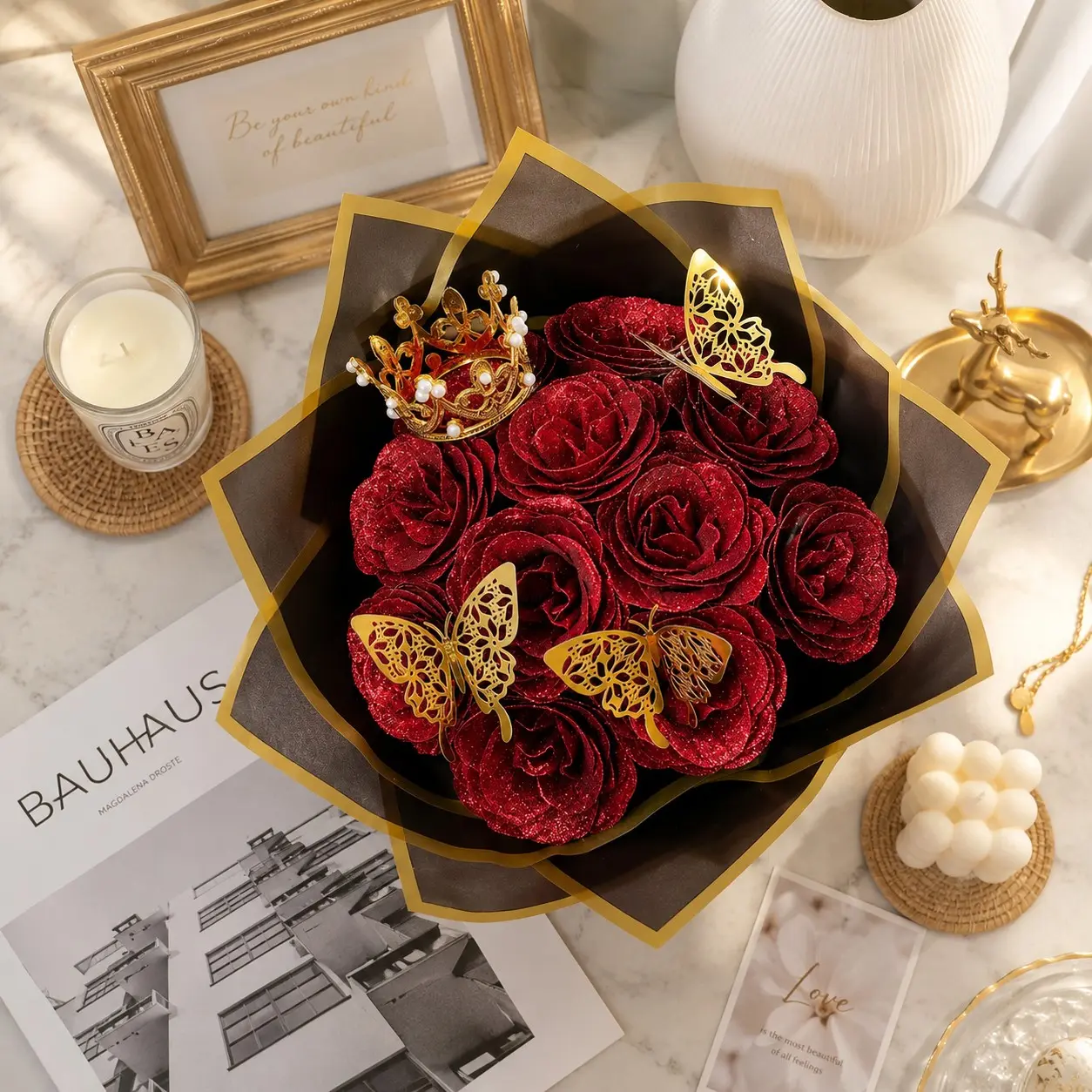 Glitter Artificial Rose Bouquet, Glitter Roses Bouquet with Gold Butterfly Decor, Sparkling Faux Flower Bouquet, Fake Flower Bouquet Gift for Women, Girlfriend, Wife, Mom, Valentine's Day, Birthday, Anniversary, Christmas, Mother's Day Decor