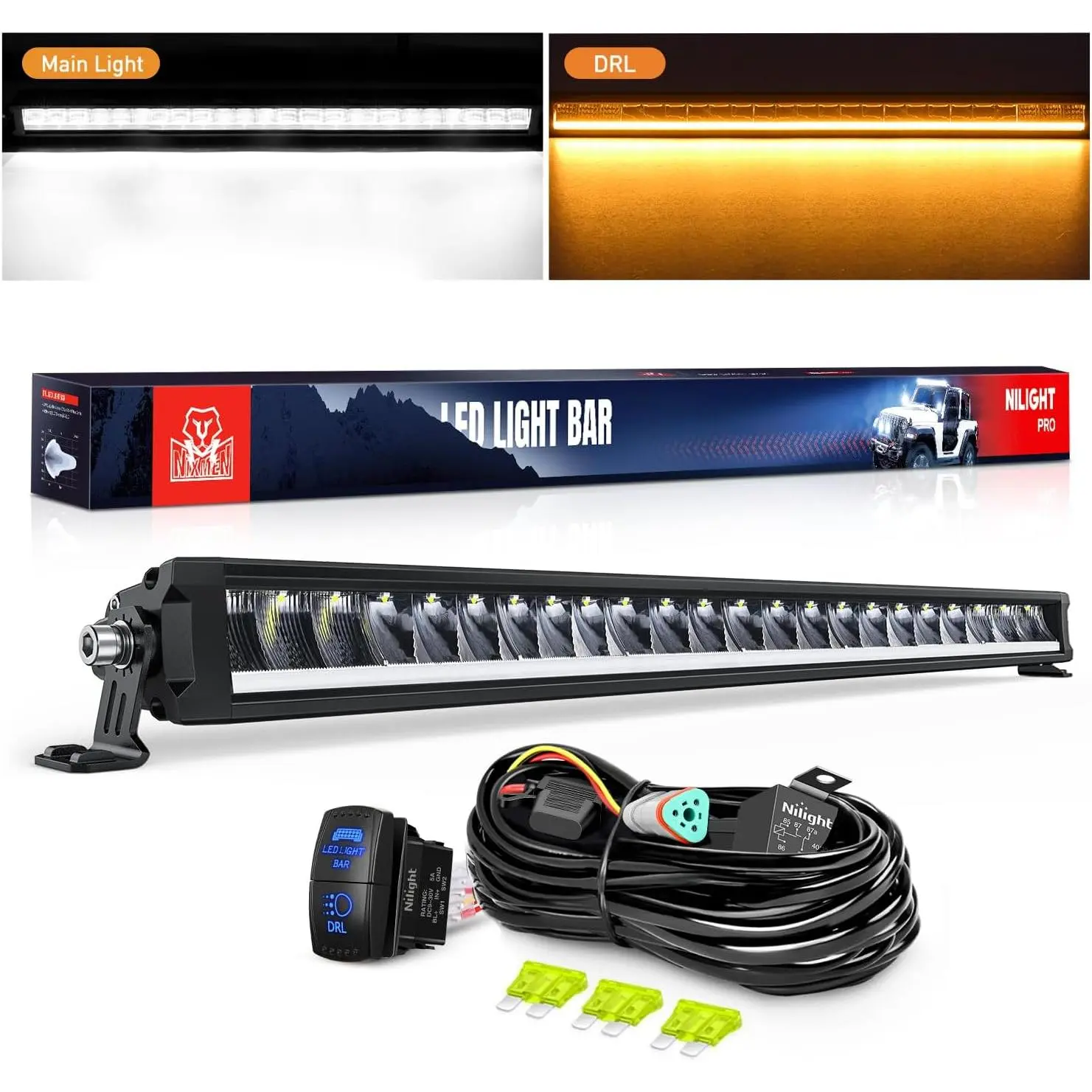 Nilight 30-Inch 120W Single Row LED Light Bar with Amber DRL, Anti-Glare Flood Spot Combo, IP68, Aluminum Body, 10510lm, Fuse, Dual Control Rocker Switch, 14AWG DT Wiring Kit for Pickup Truck, Offroad Use in Harsh Environments, Nighttime Driving, Switch R