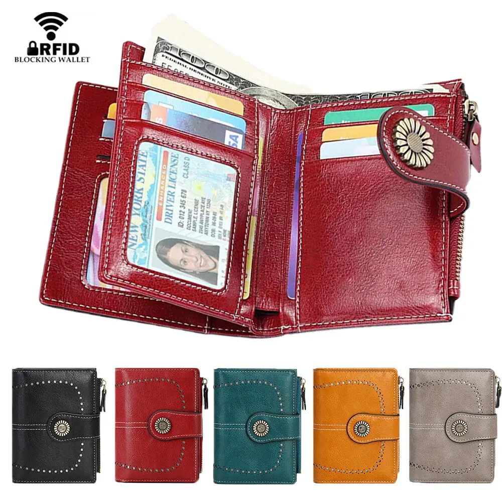 Small Wallet for Women Bifold RFID Blocking With Multi Card Slots & 2 Clear ID Photo Window And Side Zipper Coin Pocket Large Capacity Handbag Cash Purse