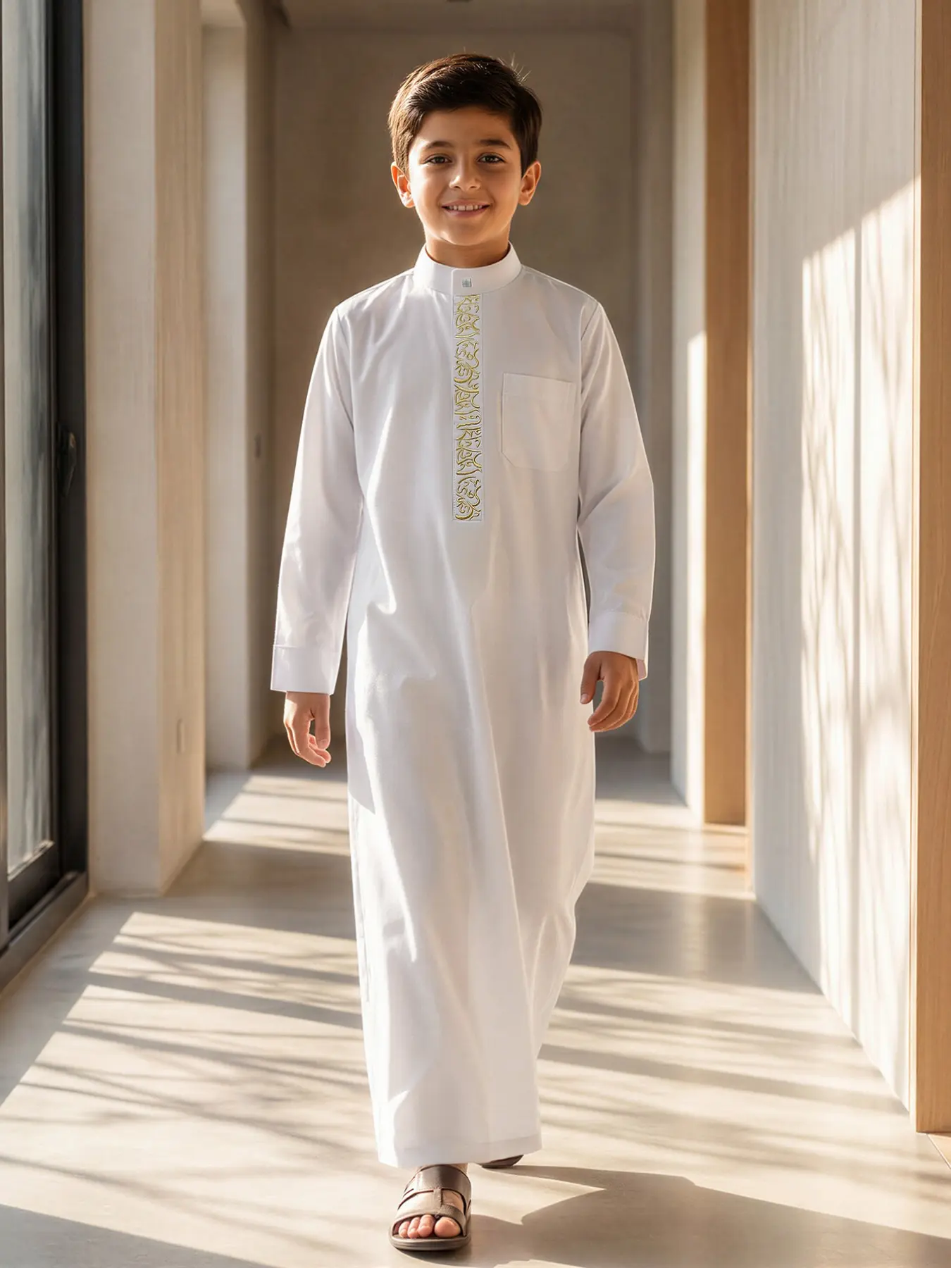 Muslim Boy Simple Stand Collar Long Thobe, Geometric Embroidery Metal Button Side Pocket Shirt Sleeve Robe, Suitable for 8-12 Year Old Boys