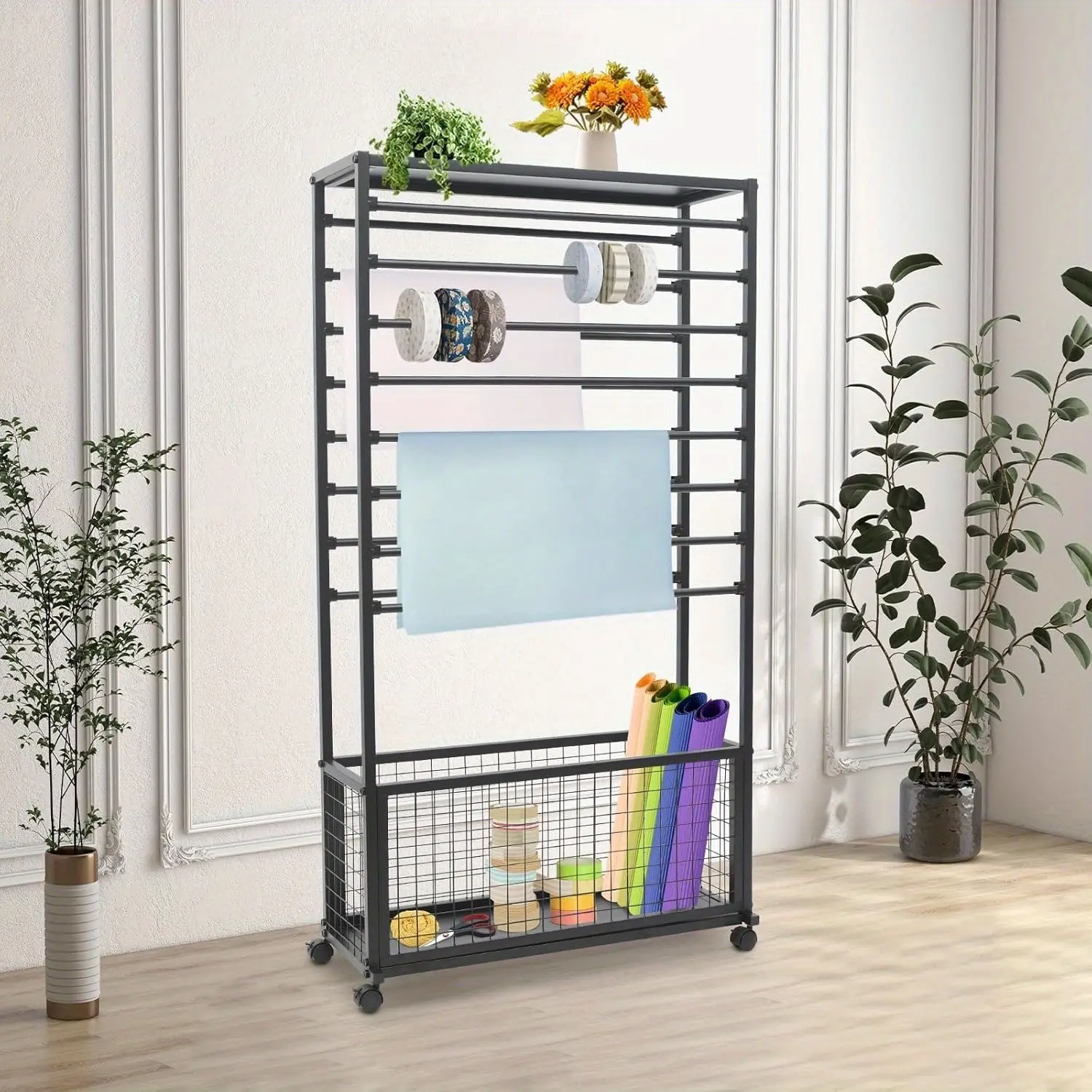 Ribbon Holder Organizer Rack, Double-Sided 16-Tier Ribbon Display Stand with Storage Basket and Wheels, Multifunctional Flower Wrapping Paper Storage Stand (Black 31.5x12.6x59.06in), Utility Racks