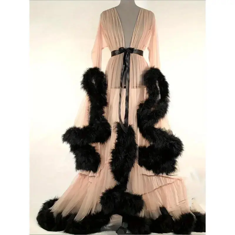 Women Long Sleeve Plush Robe Luxury Kimono See Through Extra Long Babydoll Nightgown Dress  YR1711