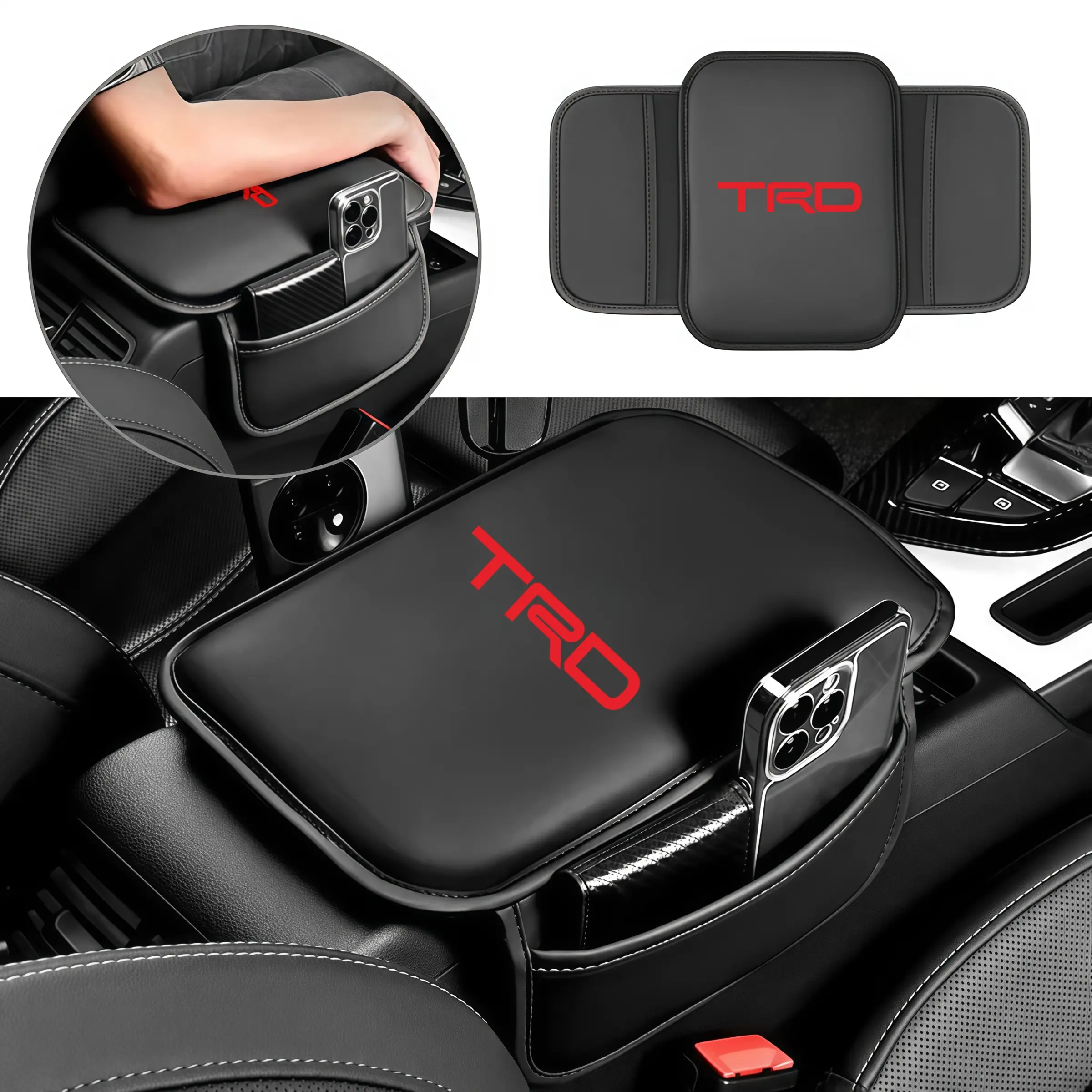 1pcs Universal Leather Car Armrest Box Pad with Pocket, Car Storage Organizer, Center Console Organizer for Toyota Trd Pro, Corolla, Yaris, Chr, Auris, Rav4, Prius