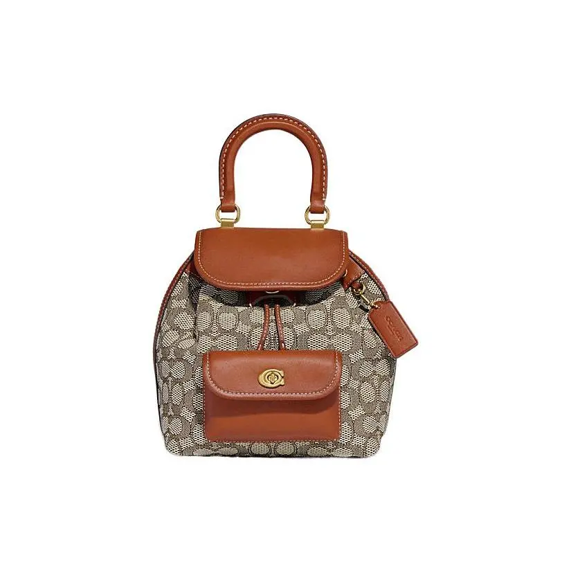 COACH Riya 21 Classic Monogram Drawstring Backpack – Women’s Medium Tan Fabric-and-Leather Bag