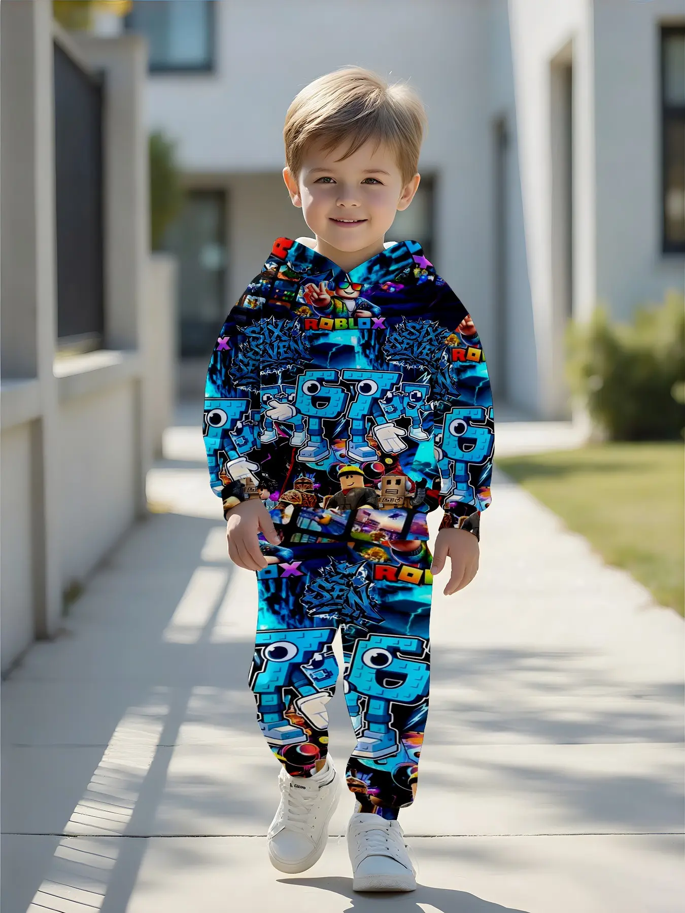 Boys' Blue Lightning Roblox Game Active Set, 3D Full Print Hoodie Pants Two-Piece, Outdoor Birthday Gift, Ages 1-14