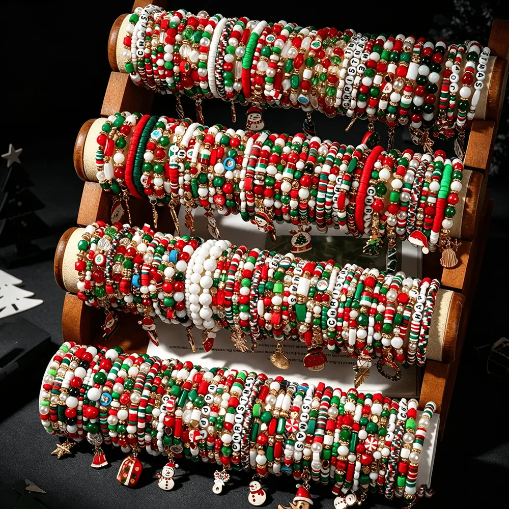 Unisex 23/35Pcs Bulk Christmas Bracelets - Polymer Clay Stretch Beads with Santa Snowman Tree Bell Christmas Motifs, Casual Costume Jewelry for Holiday Party Favors Stocking Stuffers Gifts