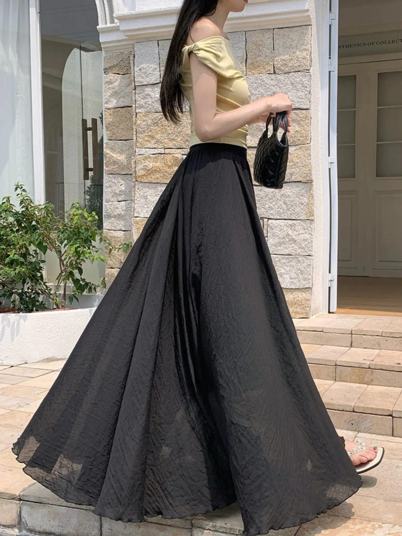 Summer Pleated High Waist Slimming Midi A-Line Skirt, Hips Coverage Y-Shape Hem, Casual Style, Perfect for Daily Wear