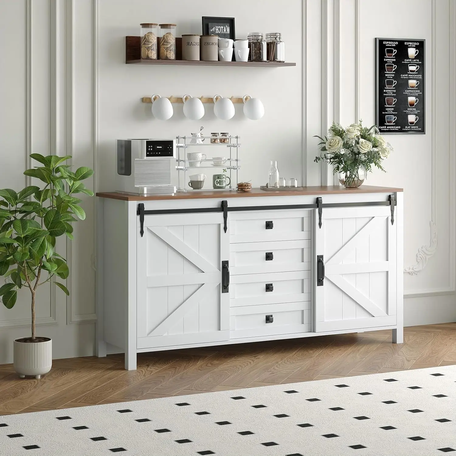 Farmhouse Sideboard Buffet Cabinet with Sliding Barn Doors & 4 Drawers, Large Wooden Coffee Bar Table, 31.5" Tall Wood Kitchen Cabinet TV Stand Console Table ﻿