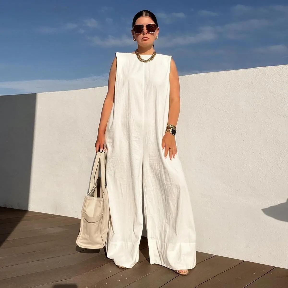 Women's Sleeveless Wide Leg Jumpsuit - Fitted 1-Piece Fashion Apparel with Shoulder Pads, Pockets, Minimalist Design, Colorful Patterns (Solid, Striped, Plaid), Dacron-Cotton-Spandex-Linen Blend, Stylish Women's Wear for Summer Casual, High Quality