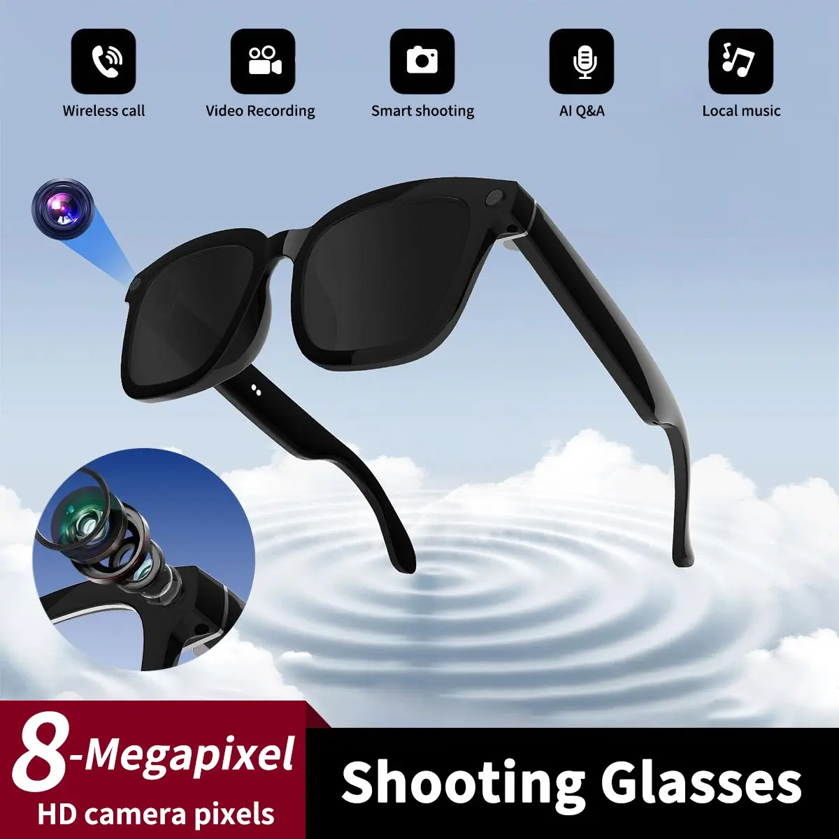 Smart Glasses with Camera Function, Video Recording Glasses, 1200P Video Stabilization & HD Photo Capture, Bluetooth Control, Wireless Connection for Noise-Canceling Calls & Music, Ideal for Outdoor & Travel Use