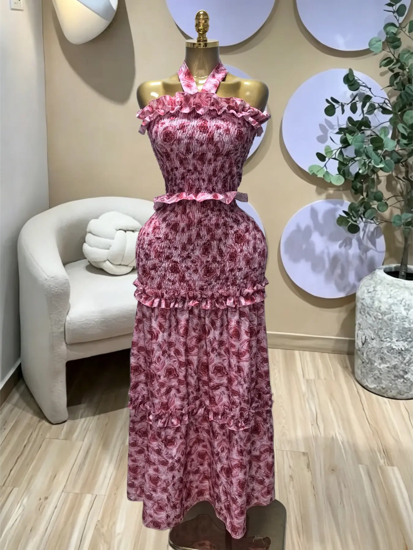 PULKRITU Elegant Chic Women's Halter Printed Floral Long Formal Prom Evening Dress Shirt, Bodycon Pleated Hem, Birthday Party Outfit Club Cocktail Gown, Lady Casual Skirt, Female Brunch Dresses, Graduation Dresses