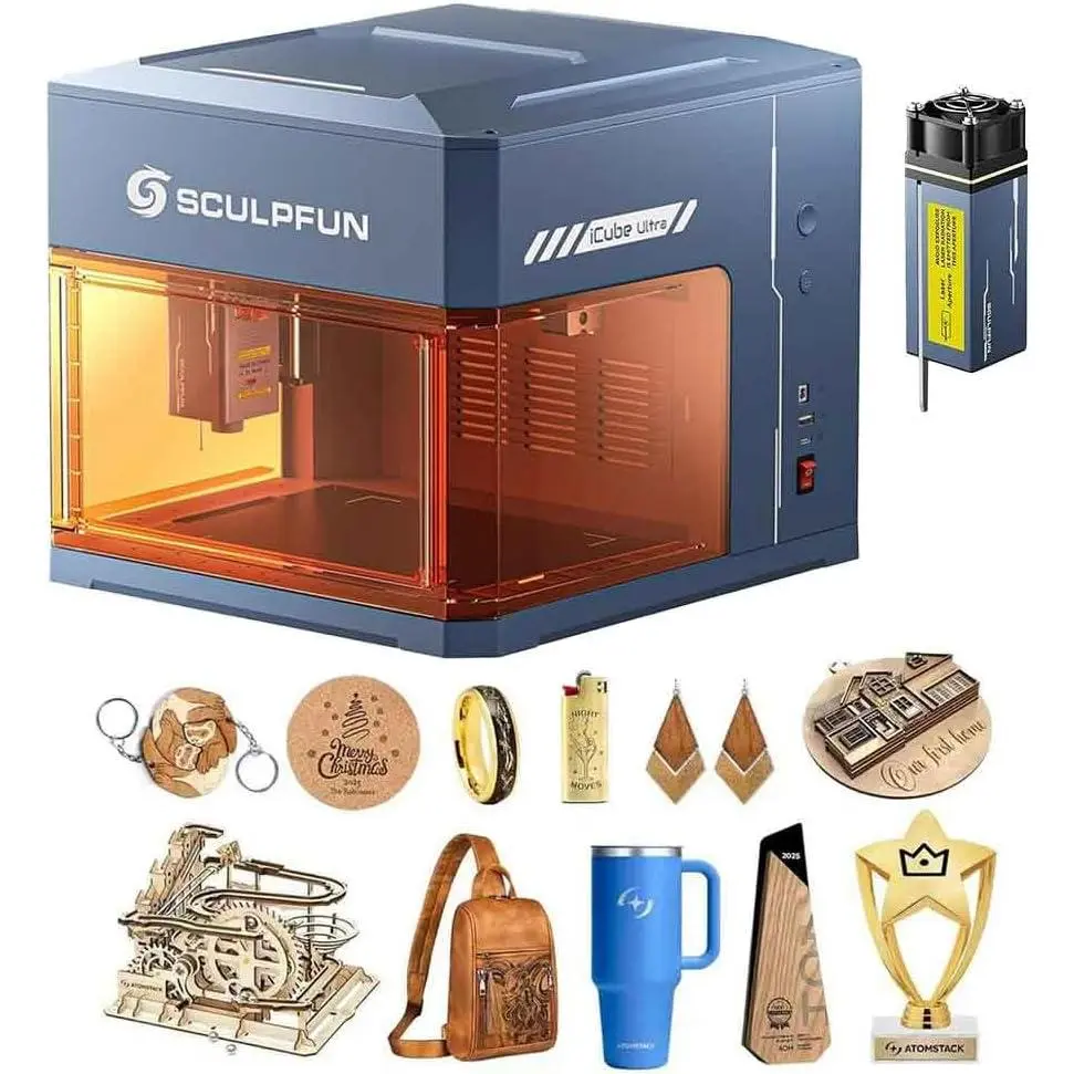 SCULPFUN iCube Ultra 12W Laser Engraving Machine - High-Precision, Auto-Focus, Built-In Air Filtration, 5.9x5.9in Working Area for Wood, Acrylic, Jade, Brick, Vinyl, Ceramic, Concrete
