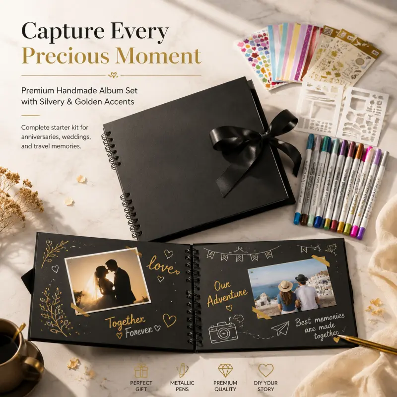 complete diy scrapbook photo album set black kraft spiral memory book with metallic marker pens sticker stencil ribbon for wedding anniversary travel souvenir handmade gift Scrapbooking Kit