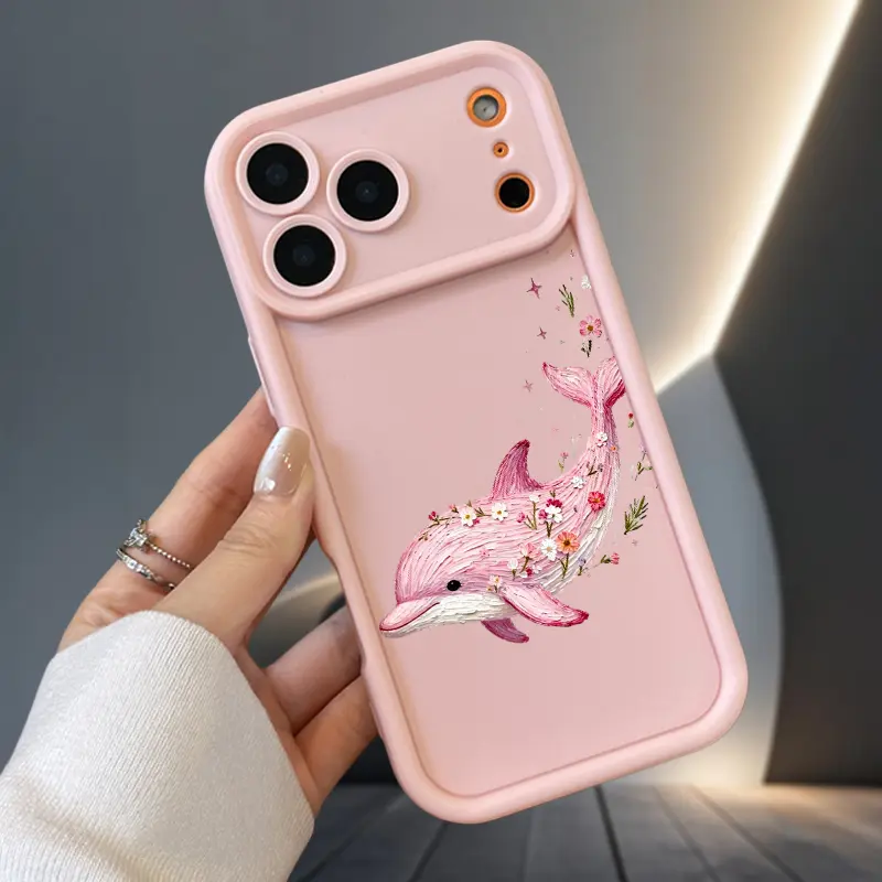 Pink Dolphin Floral Whimsical Print Soft Case for iPhone 15 16 16e 17 Air 14 13 12 11 Pro Max Plus X XS TPU Father's Day gift Bumper Camera Lens Protection Rugged Durable Phone Cover for