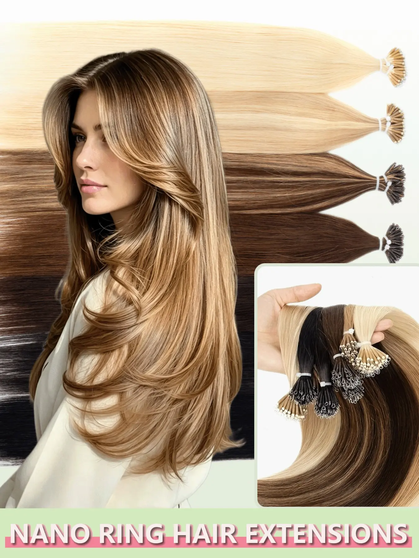 Nano Bead Ring Human Hair Extensions 30G Straight Remy Highlights Seamless Pre Bonded Tip Natural Micro Beads Link Glueless Damage Free Salon Women Bridal Styling Wedding Goth Cosplay Summer Costumes Valentines Day Gift Festival Remy Hair Pieces