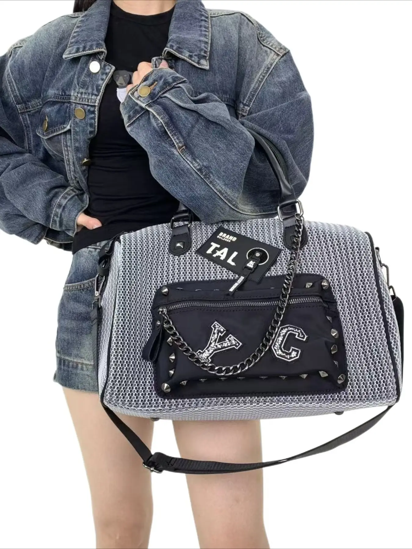 Ladies' fashionable retro casual mesh handbag, front pocket street style spliced city bag, large pin decoration, suitable for work, commuting, dating, party, large capacity multi pocket shoulder bag