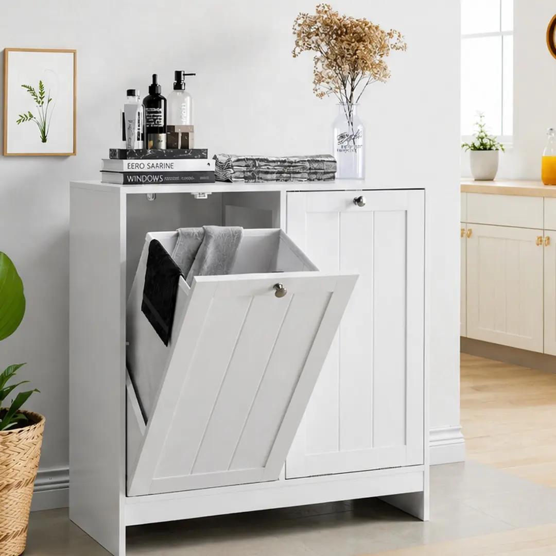 ARCH Tilted Laundry Hamper Cabinet with 2 Removable Baskets, Freestanding Hidden Laundry Sorter Storage Organizer, MDF White Bathroom Laundry Room Bedroom Clothes Hamper Furniture, 12.99 W x 25.98 D x 26.81 H in, White Color Options
