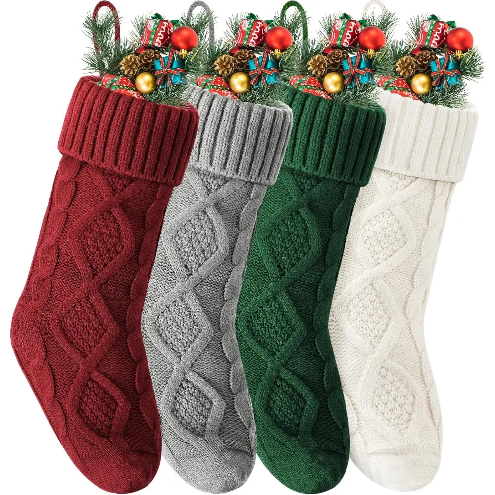 Christmas Stockings 4 Pack, 18 Inches Large Size Knitted Xmas Stocking for Fireplace, Holiday Party Decorations (Green Gray Red White)
