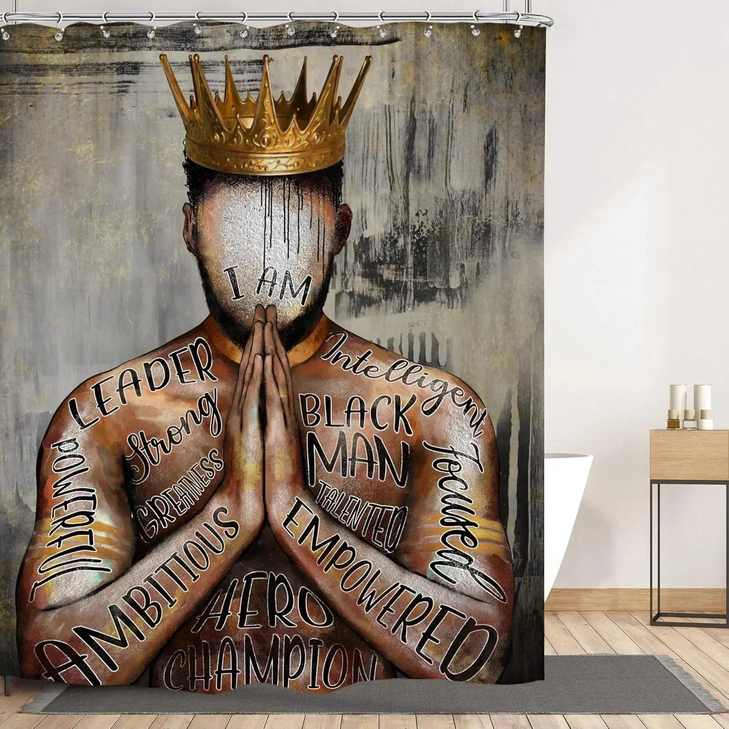 Black Men's Shower Curtain  African American King Portrait with Inspirational Quotes, Waterproof Fabric Bathroom Set