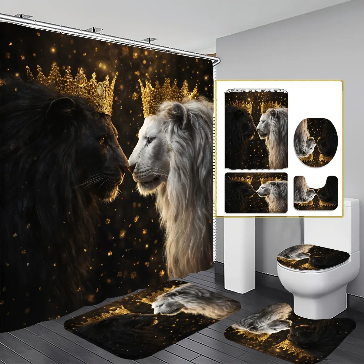 Four-piece Lion King theme shower curtain set, double lion crown bathroom decoration, including bath mat, U-shaped mat, toilet cover and 1 shower curtain, wildlife art, home decoration, bathroom accessories