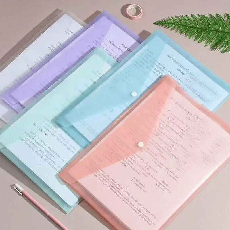 5 Pcs A4 Transparent Plastic File Bags, Random Colors, Thickened Document Pouches with Snap Closure, Student & Office Filing Supplies