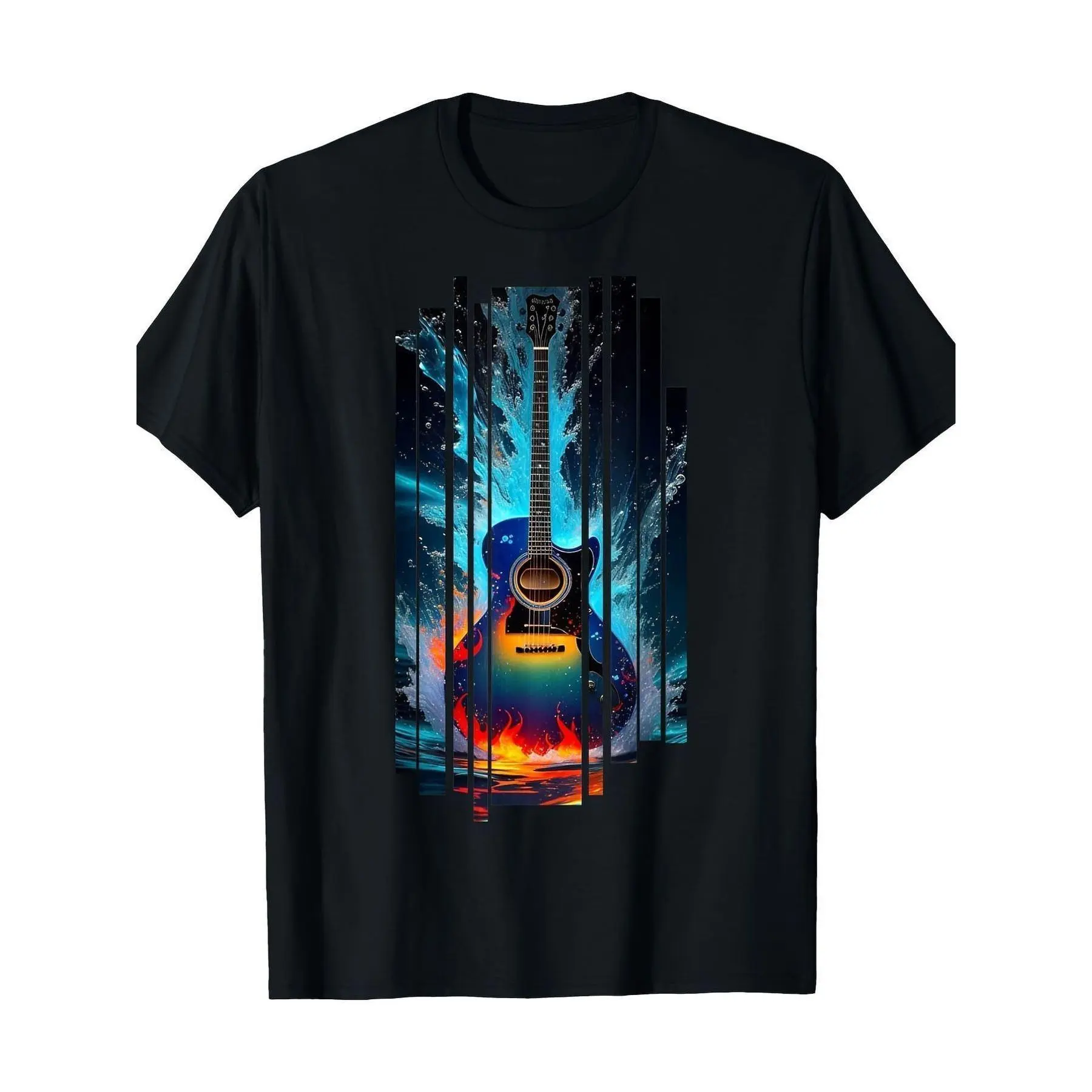 Men's and Guitar Fire and Water Graphic T-Shirt - Electric Guitar Design with Flames - Black Tee - Breathable  Shirt for Musicians - Birthday/Holiday Gift for Guitarists - All-Season Casual Wear, Guitar T Shirt, Music Fan Apparel