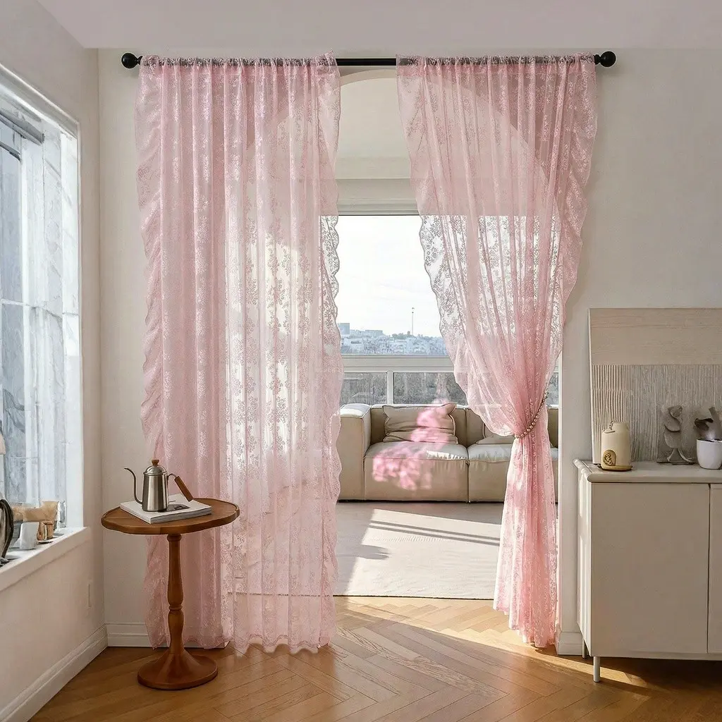 Fresh Country Style Small Floral Lace Trim Lightweight Curtains, Home Decorative Curtain, 1pc and 2pcs Window Sheer Drapes, Festival Decoration, Elegant Home Decor