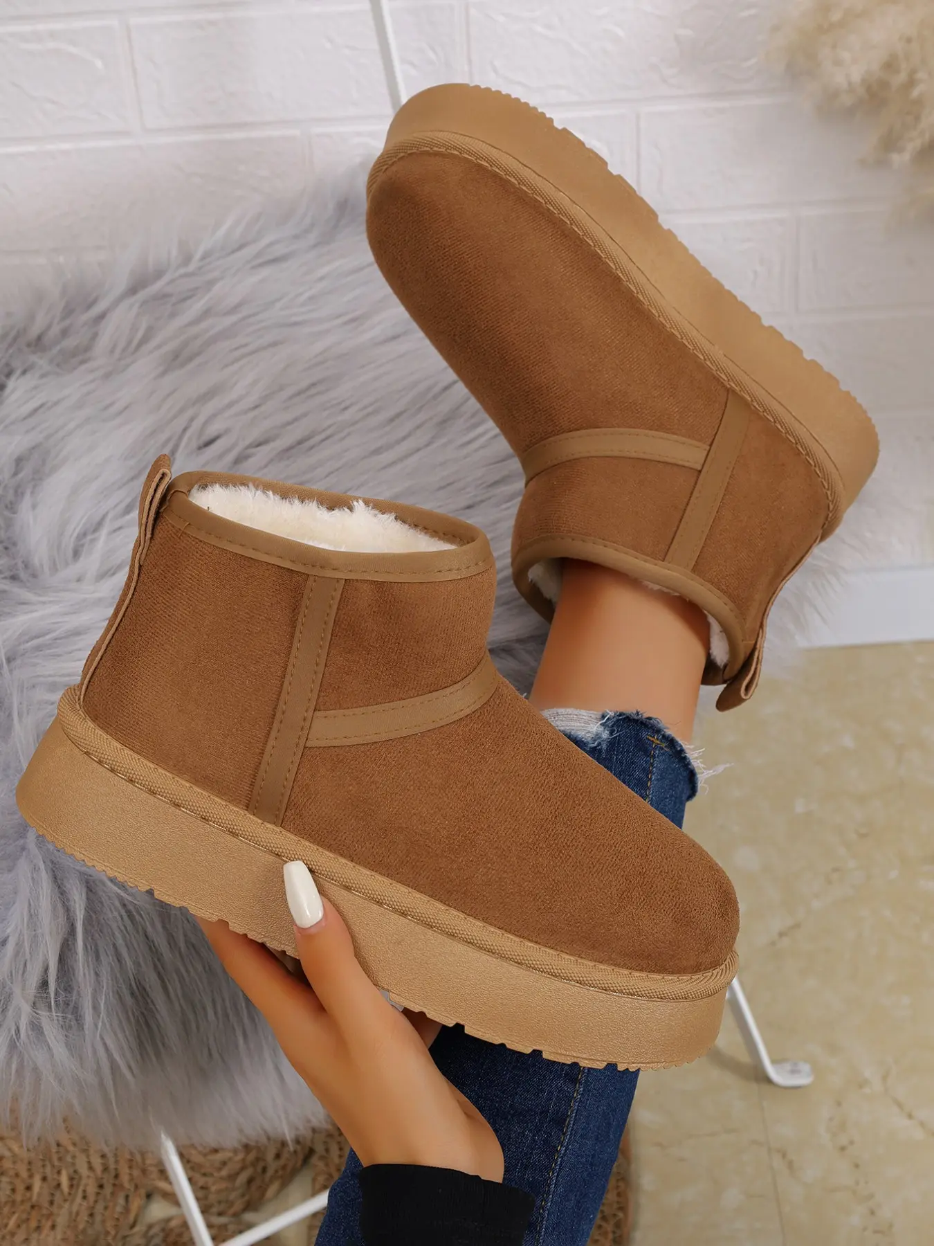 Fashionable Suede Snow Boots with Memory Foam, Comfortable Warm Winter Shoes, Stylish Casual Outdoor Boots for Fall & Winter, Faux Fur Boots