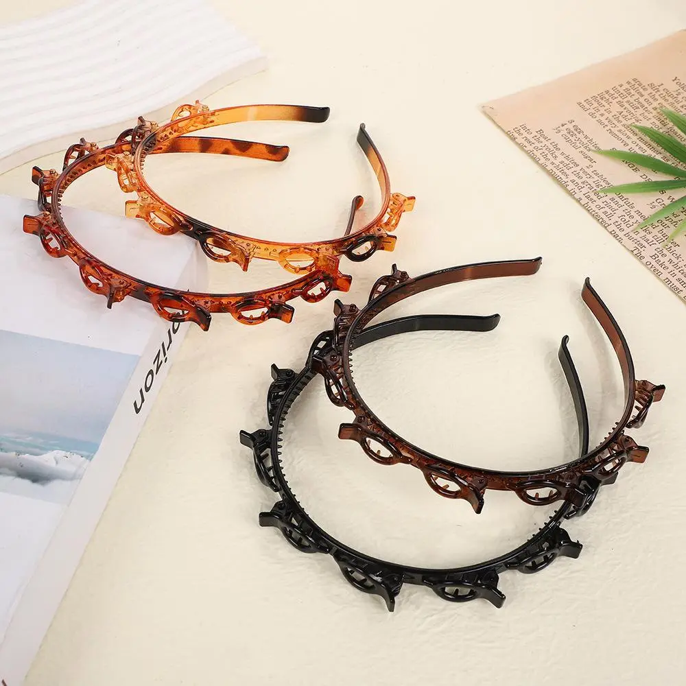 4-Pack Double Layer Twist Plait Headband with Clips Non-Slip Braided Hair Hoop Flexible Tooth Styling Band Set for Skincare Makeup Daily Apparel