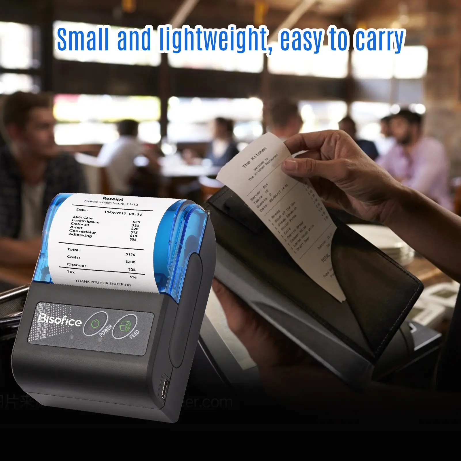 Compact Rechargeable Li-ion 2-Inch Thermal Receipt Printer, 58mm Paper Compatibility, Wireless BT-USB Connectivity, 203 dpi, Compatible with Windows, iOS/Android, for Restaurants, Retail Stores