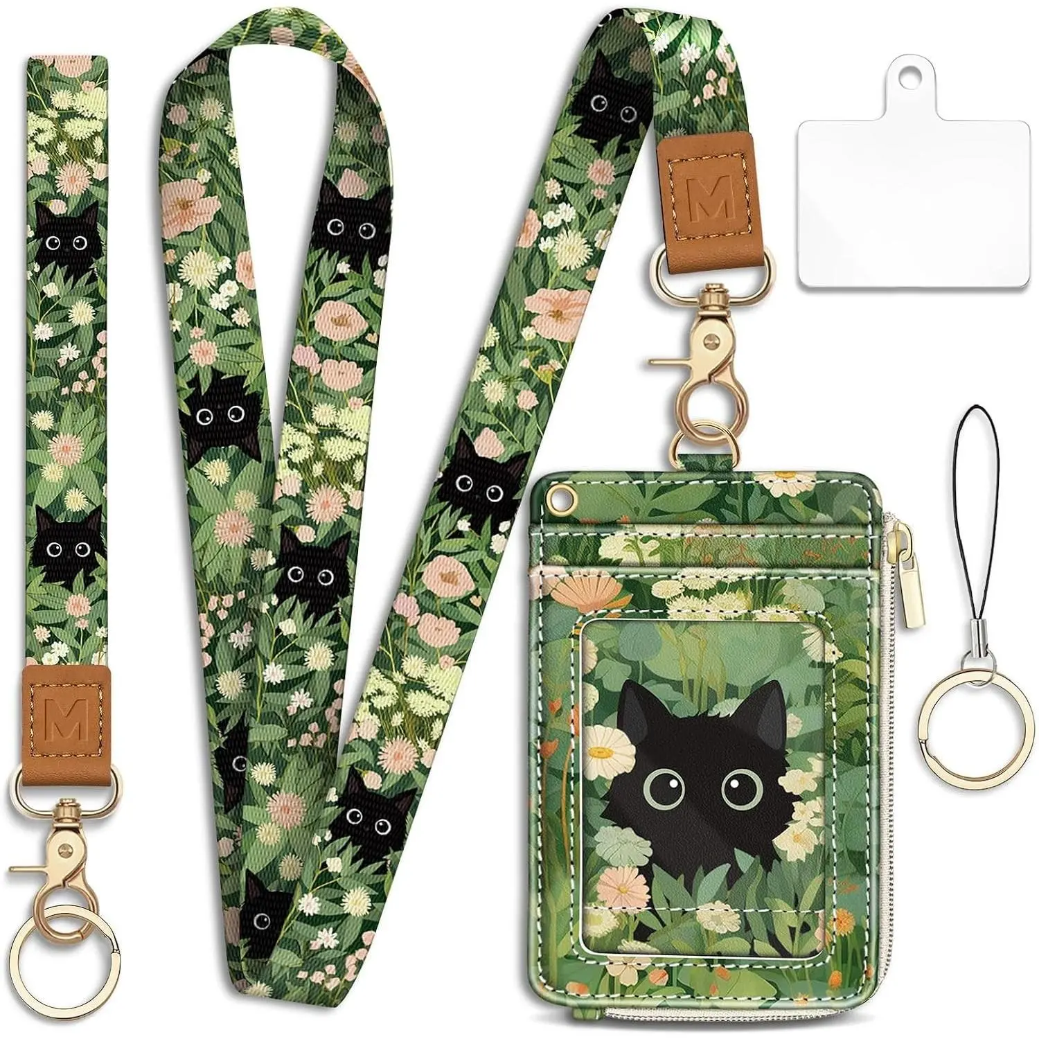 Cute Cat Lanyard Wallet with ID Badge Holder Keychain for Women, RFID Blocking Wristlet, Zipper Pouch, Neck Phone Lanyard, Wrist Strap for Keys, Credit Cards, Work Office, Teacher, Gifts