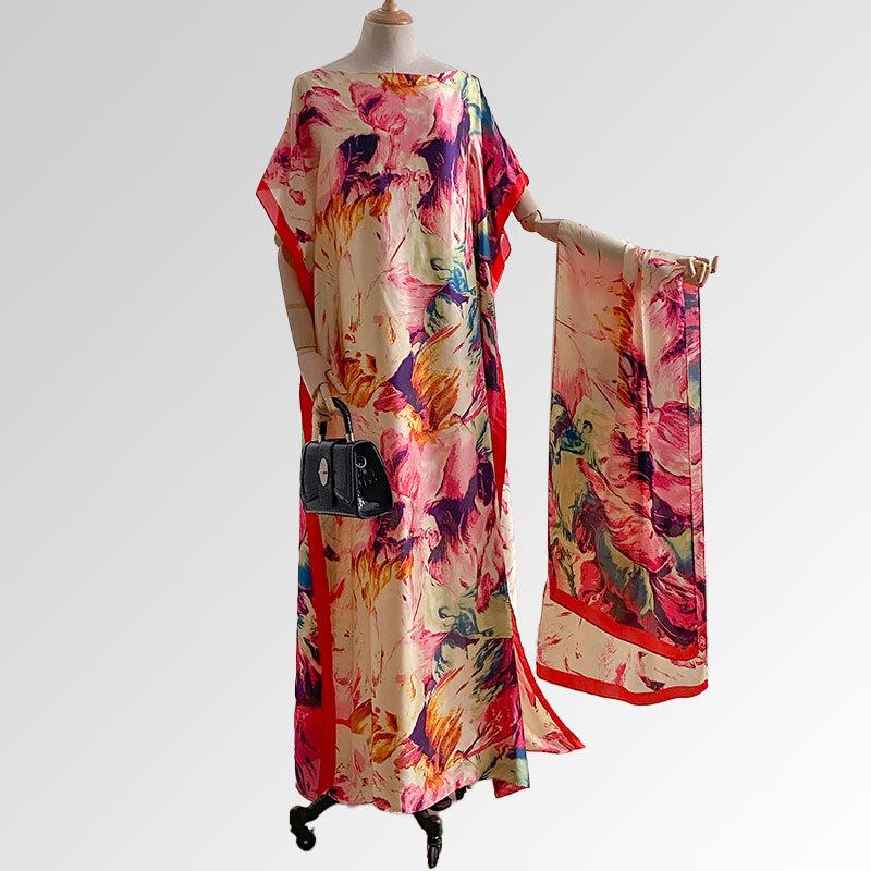 Women's Floral Print Long Dress & Scarf Set,Boho Casual Shawl Dress & Scarf Set for BeachVacation Holiday, Ladies Clothes for AllSeasons