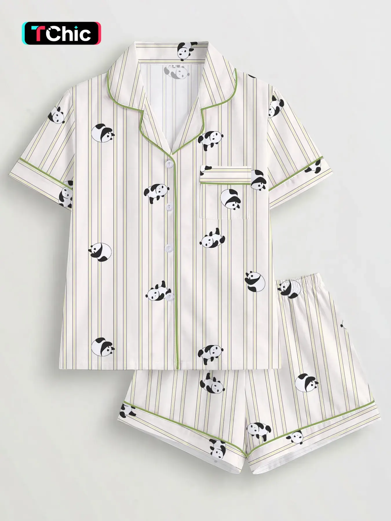 Adorable Mini Panda Striped Short Sleeve Collared Pajama Set, Classic Collar Open Cardigan Slim Shorts, Fresh Color Daily Comfort Home Wear, Nightwear Pajamas, Cartoon Print Set, Lounge Pajama Style
