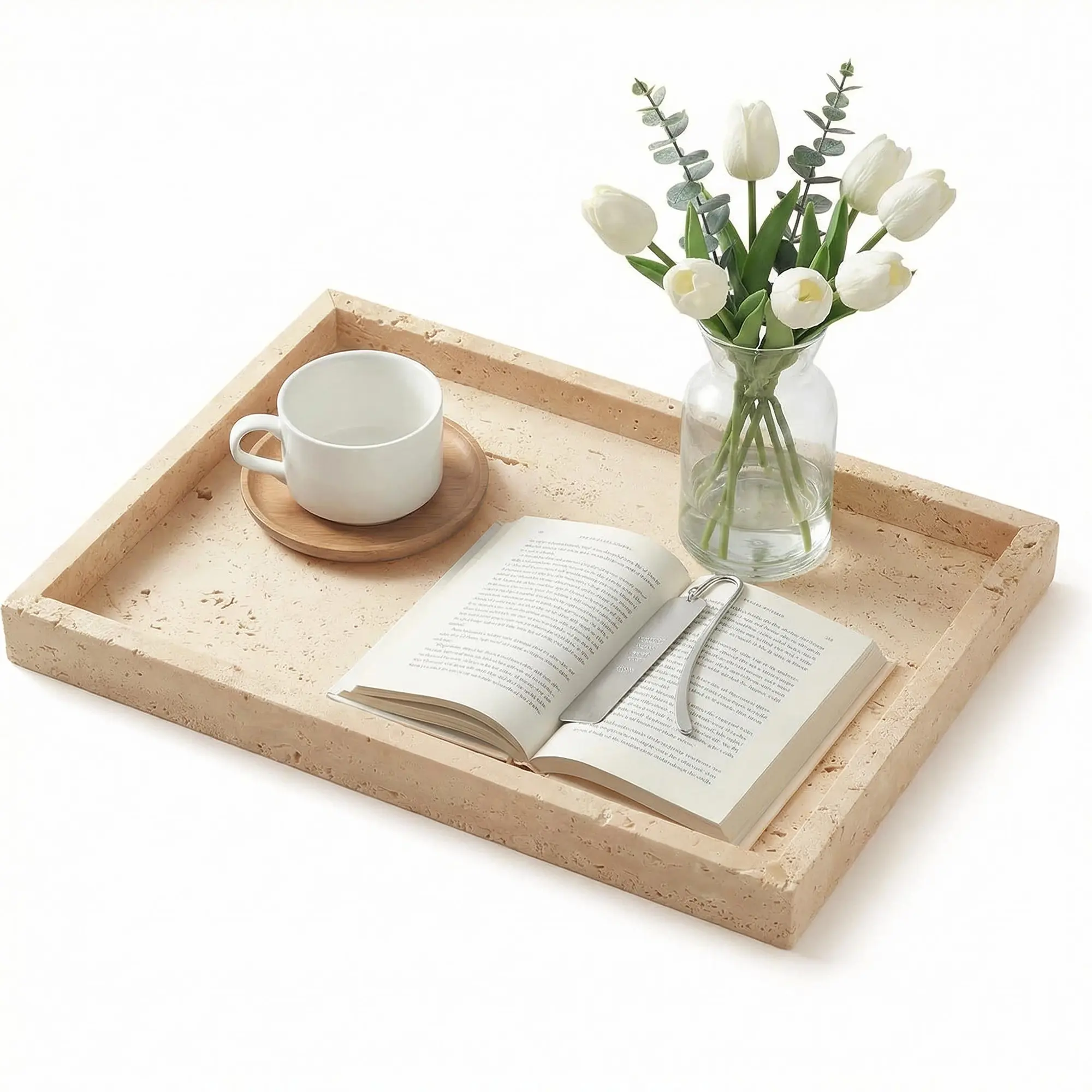 Natural Yellow Travertine Stone Jewelry Tray – Rectangular Marble Vanity Organizer for Bathroom – Waterproof Perfume & Accessories Storage – Modern Home Decor