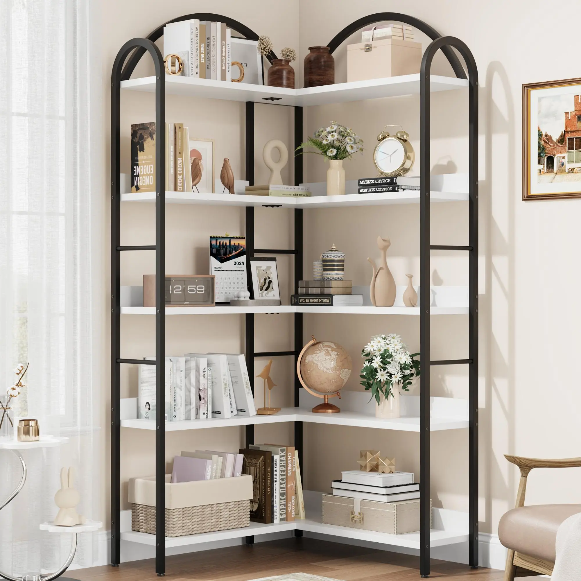 Gaomon Arched L Shaped Corner Bookshelf, 5 Tier Industrial Corner Shelf, Large Etagere Display Rack with Metal Frame for Living Room Bedroom