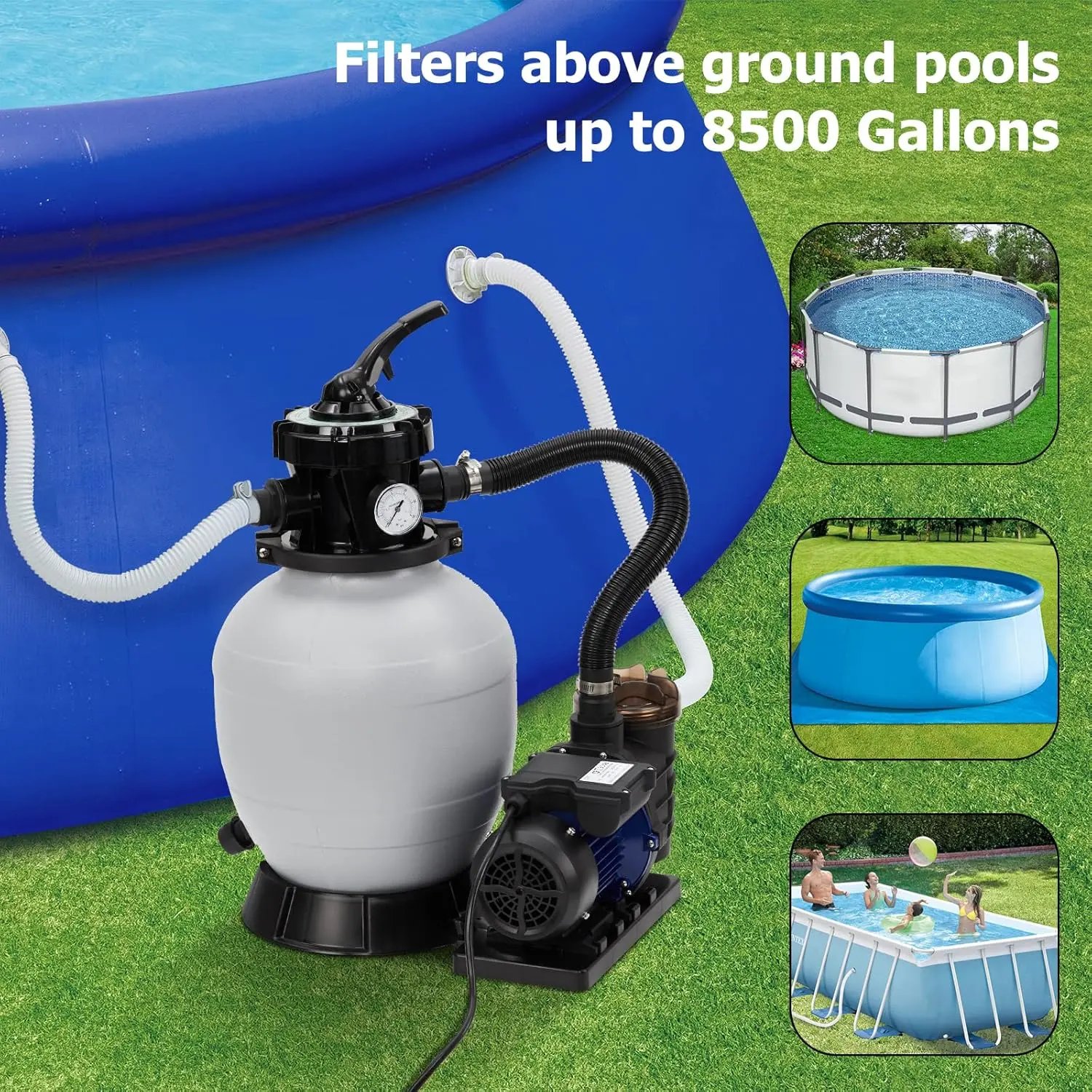 12" Sand Filter Pump for Above Ground Pool, 1/2HP 2642GPH Swimming Pool Pump