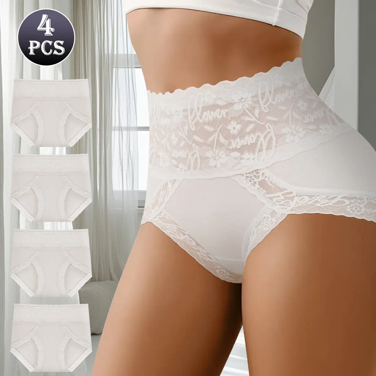 QUASTI 4PCS Women's High Waist Seamless Lace White Briefs, Soft Stretchy Full Coverage Underwear, Comfort Breathable Daily Panties S-XXL