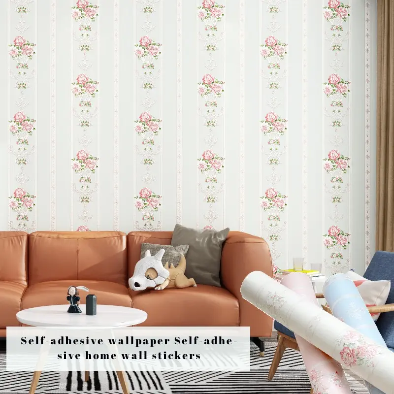 Vertical Stripe Self-Adhesive 3D European Striped Wallpaper, Vintage Rose Floral Pattern, Light Color European Design, Living Room Bedroom Wall Decor