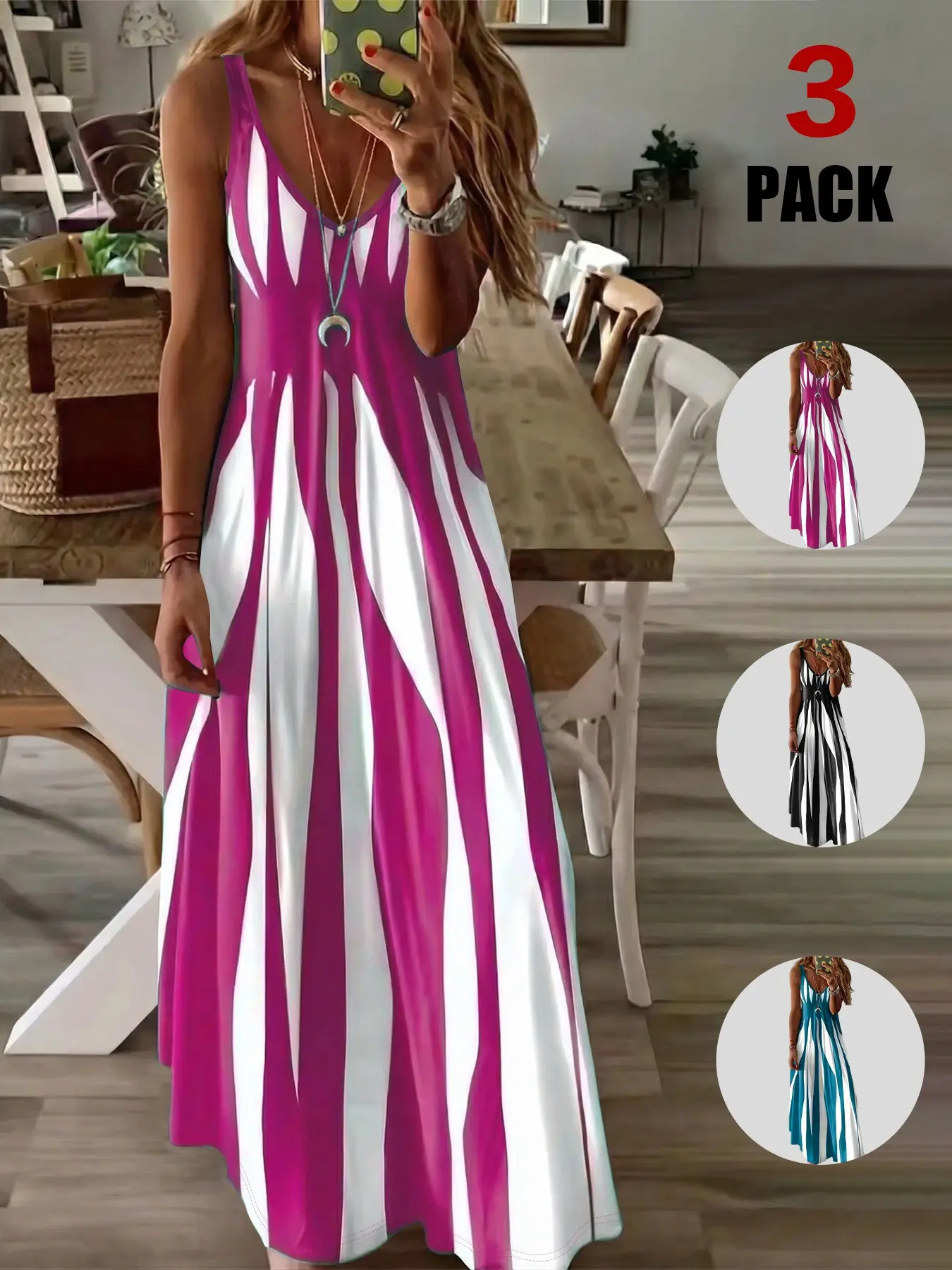 2026 3 Pack Multi Color Women's Maxi Dress Bundle, Deep V Neck, Spaghetti Strap, Back Slit, Hidden Waist, A-Line, Fall Casual Dress