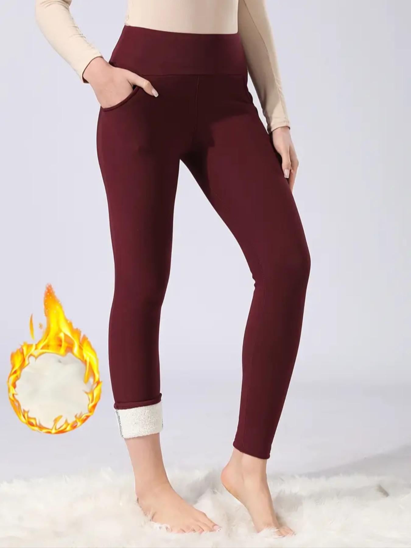Women's Fall Winter High Waist Fleece Lined Leggings, Skinny Yoga Bottoms, Sporty Tight-Fitting Yoga Pants with Pockets, Warm Thick Woven Fabric