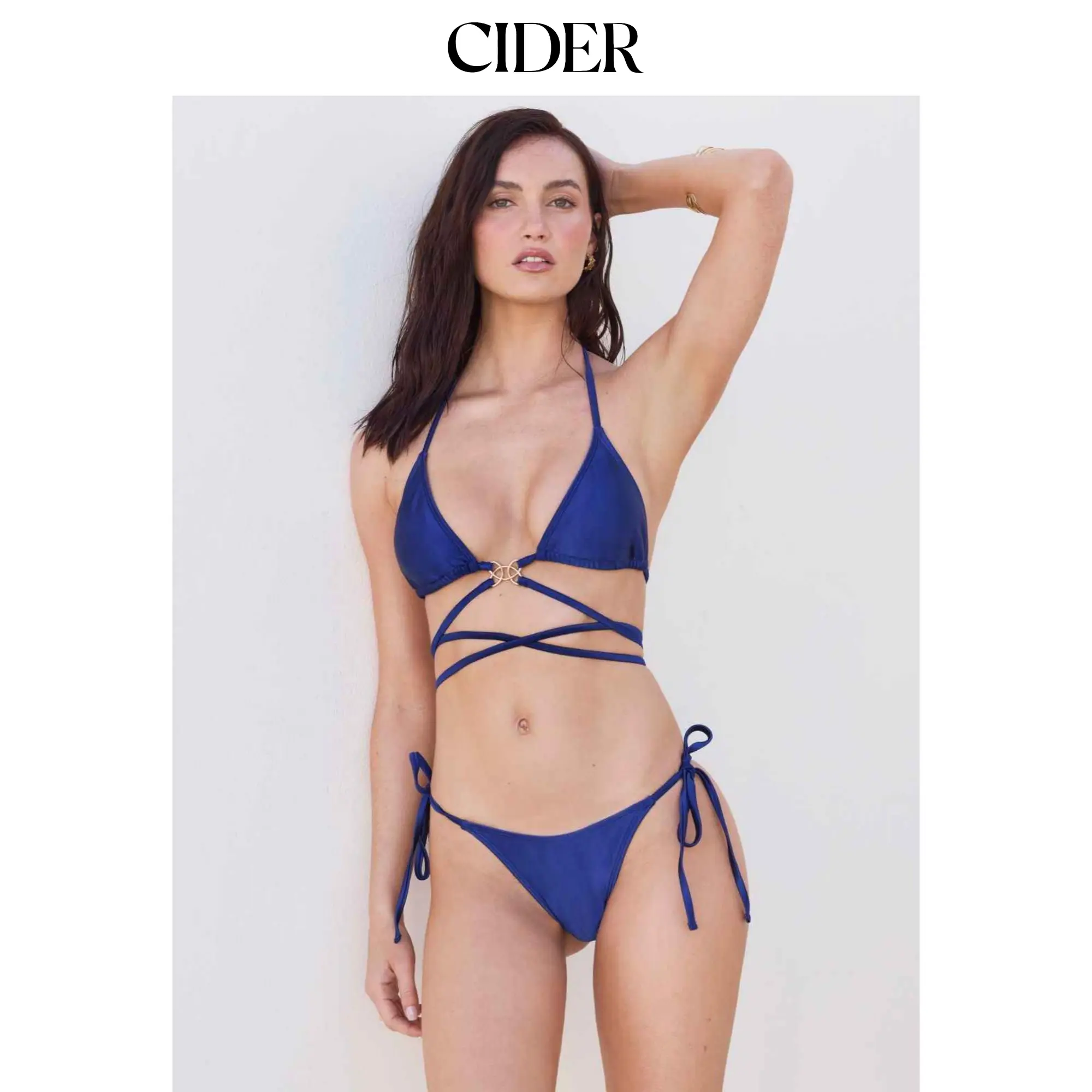 Cider V-neck Criss Cross Tie Back Halter Tie Side Bikini Set