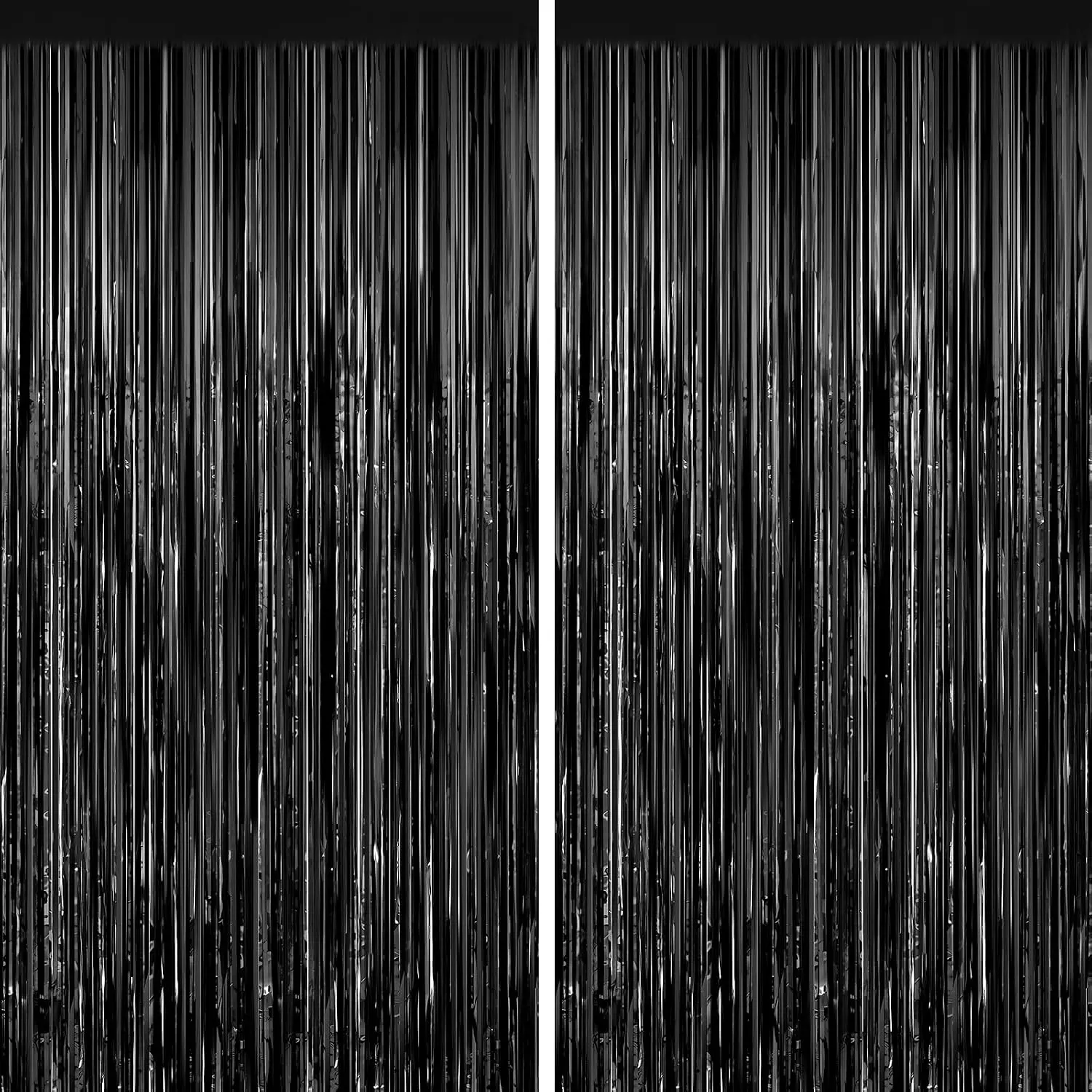 Shiny Metallic Black Foil Fringe Curtains (2-Pack, 3.3ft x 6.6ft), Streamer Door & Photo Backdrop Banners for Birthday, Wedding Party Decorations