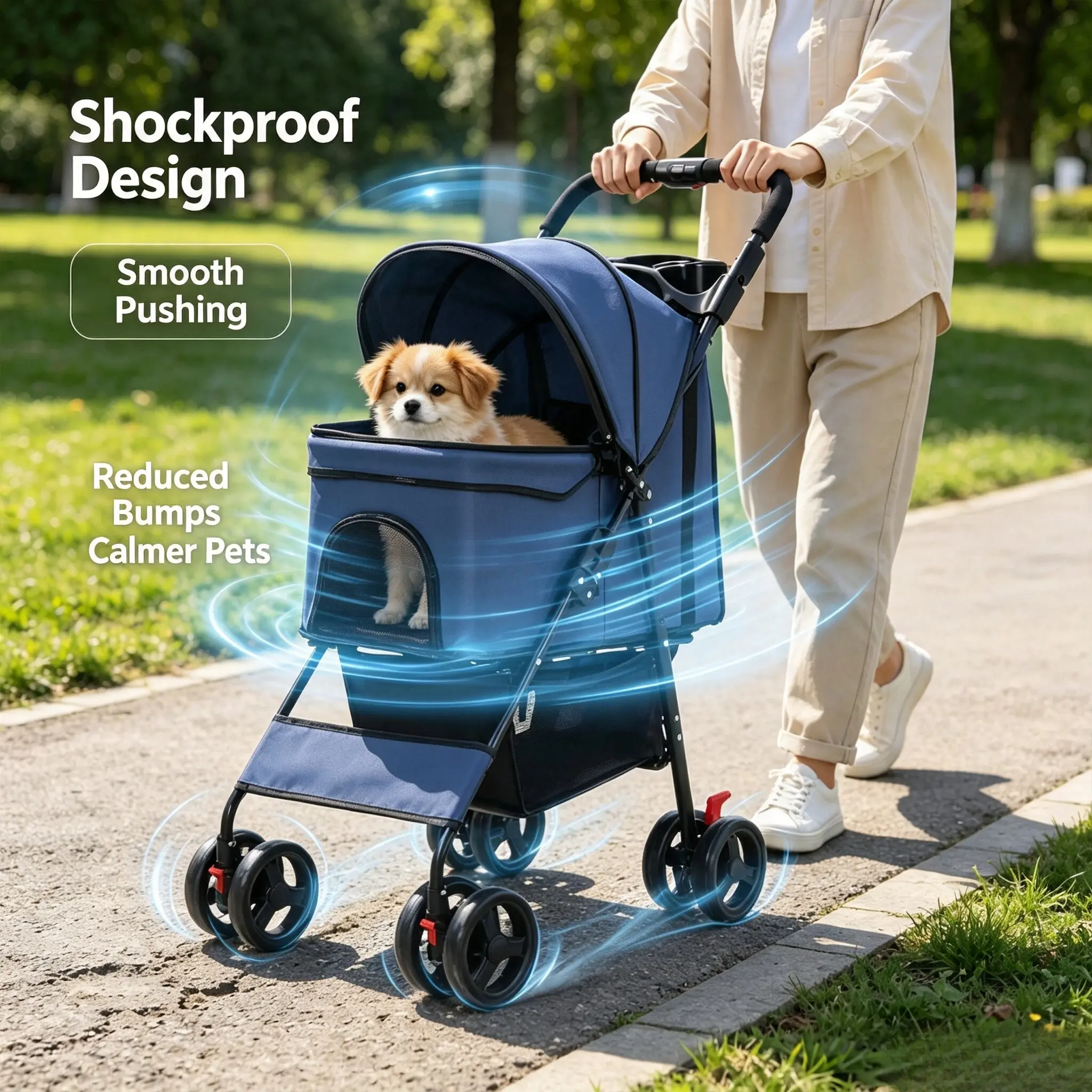 Luxury Blue Pet Stroller with Snack Tray and Cup Holder, Multi-Pet Large Space Foldable Pet Cart, Breathable Mesh 4-Wheel Stroller for Dogs Cats and Small Pets portable design