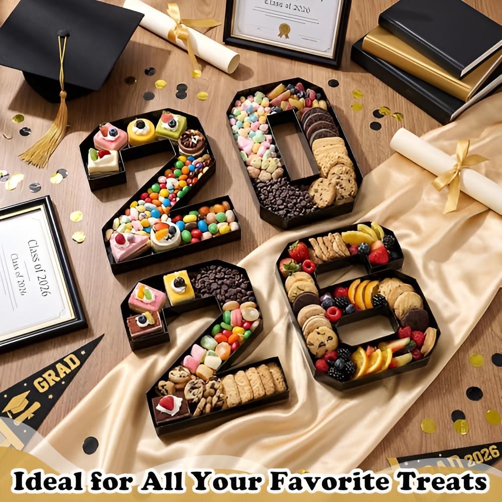 4 Pcs 2026 Graduation Fillable Number Trays 10" Cardboard Charcuterie, Dessert & Snack Serving Trays for Class of 2026 Party Supplies