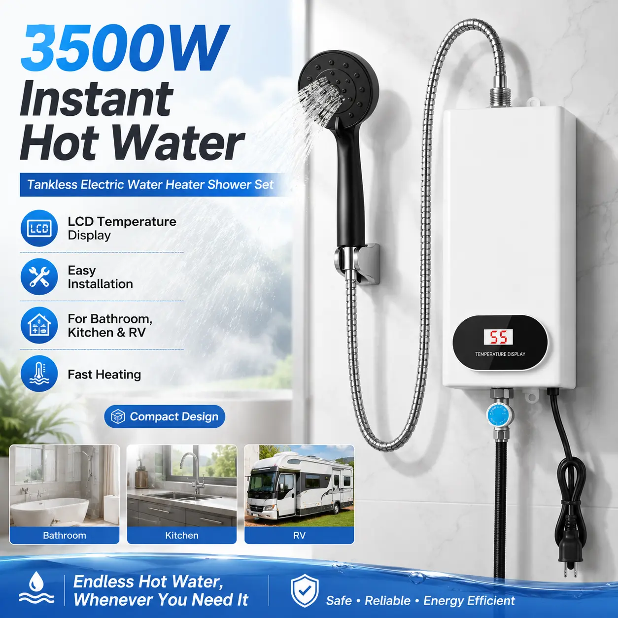 3500W Electric Tankless Water Heater Shower Head Set with LCD Display Instant Hot Water Easy Install for Bathrooms Kitchens and RVs White Stainless Steel Household Appliances#SummerVibes