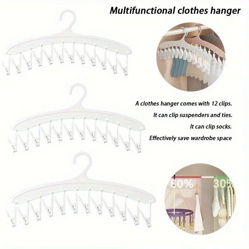12-Clip Space-Saving Hanger Organizer - Durable Plastic Multi-Purpose Clothes Hanger with 12 Clips for Socks, Shorts, Underwear, Skirts - Balcony Drying Rack & Cabinet Storage for Home, Dorm, Clothing Store, Hangers for Clothes
