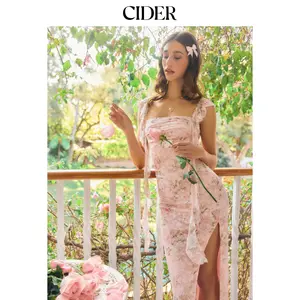 Cider Lace Floral Ruffle Hem Split Maxi Dress