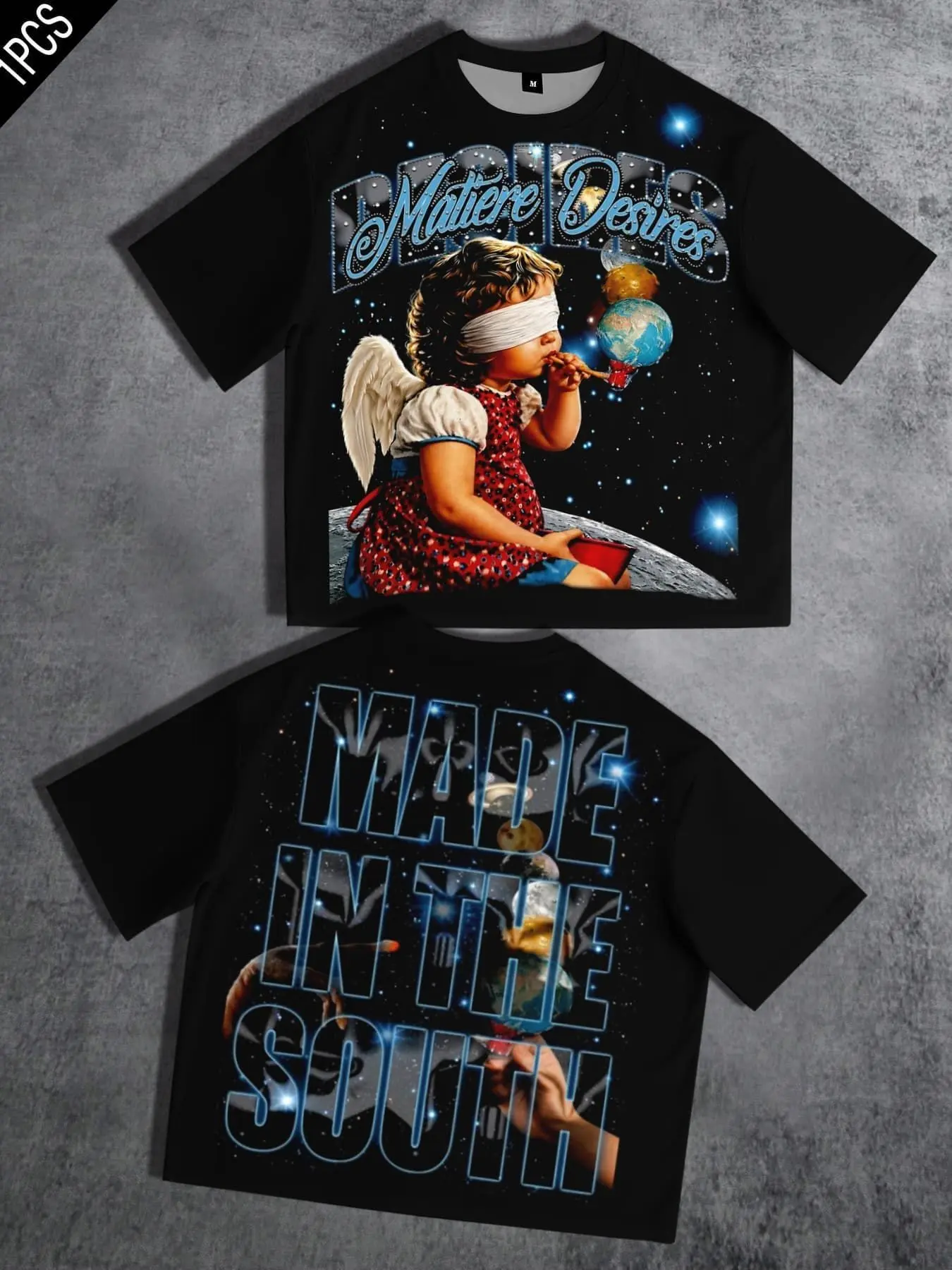 Blindfolded Angel Little Girl Starry Sky Short T-shirt for Men Women's Short Sleeve Matiere Desires Letter Print Men's T-Shirt Back Big Letter Casual Summer Top Black Oversized Loose Street Fashion Short Sleeve Men Y2K