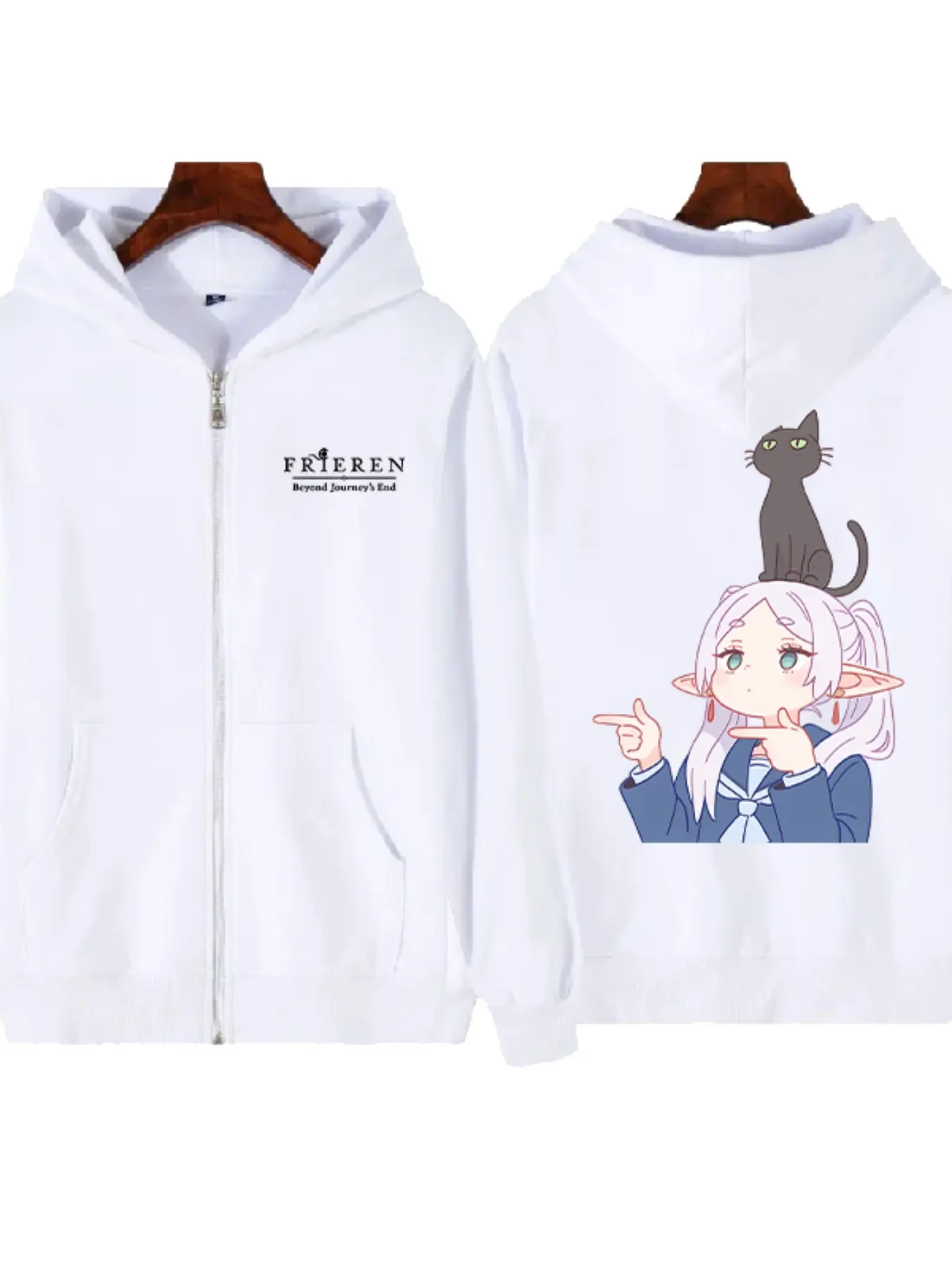 Frieren Sailor Uniform Hoodie, Cute Anime Print Zip-Up Jacket, Loose-Fit Casual Outerwear for All Seasons, Dual-Sided Design